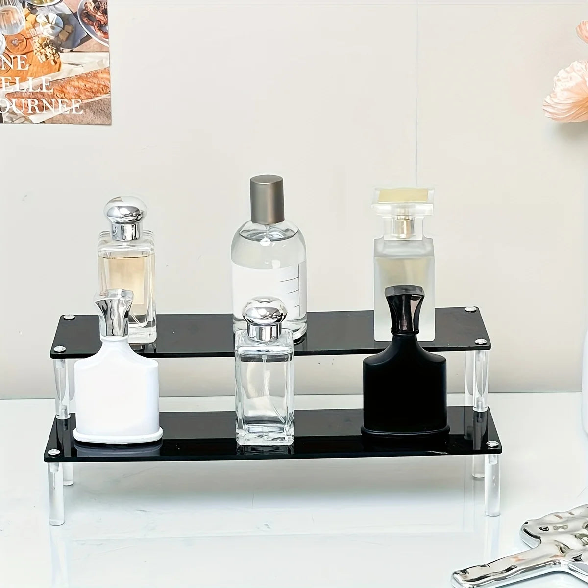 1Pc Multi-Functional Perfume Step Display Rack - Black/Transparent Acrylic Desktop Organizer for Cosmetics & Bracelets, Ideal Fo