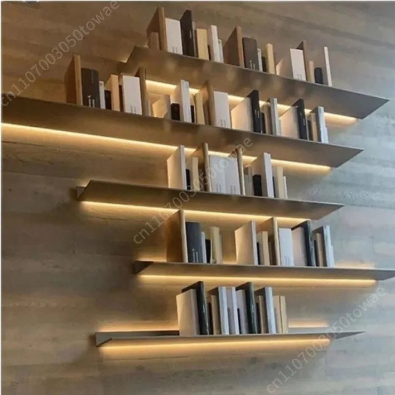 Custom Wall Shelves with LED Light, Modern Black Metal Display Shelves, Wall-Mounted Storage Shelves for the Living Room Bedroom