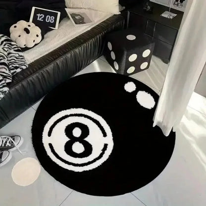 VIKAMA Black 8-Ball Pool round Plush Carpet, Anti-Slip Carpet, Living Room Sofa Cushion, Soft Bedroom Carpet for Home Decoration