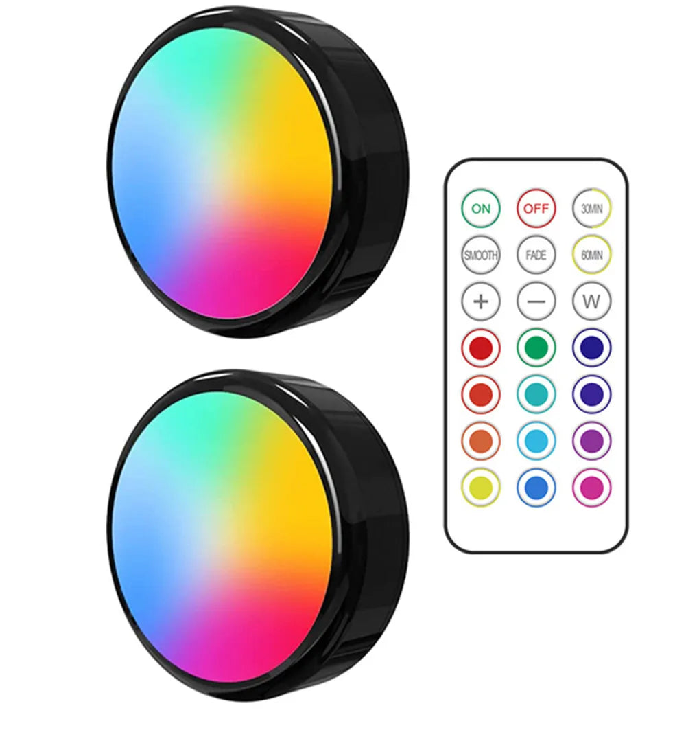 RGBW LED Puck Night Lights Remote Control Dimmable under Cabinet Light Battery Operated Wireless Push Lamp Kitchen Closet