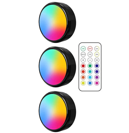 RGBW LED Puck Night Lights Remote Control Dimmable under Cabinet Light Battery Operated Wireless Push Lamp Kitchen Closet