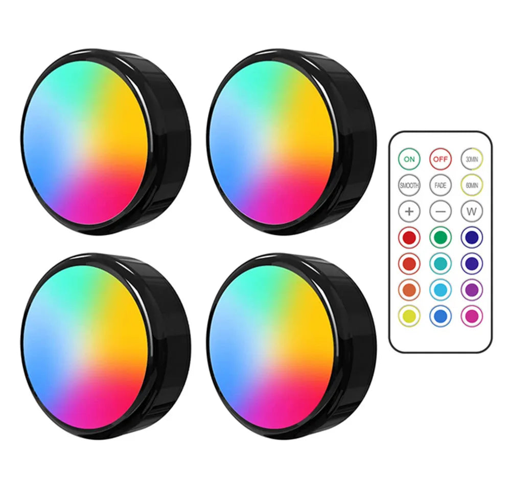RGBW LED Puck Night Lights Remote Control Dimmable under Cabinet Light Battery Operated Wireless Push Lamp Kitchen Closet
