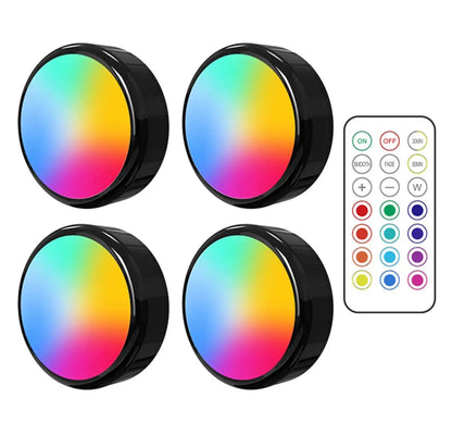 RGBW LED Puck Night Lights Remote Control Dimmable under Cabinet Light Battery Operated Wireless Push Lamp Kitchen Closet