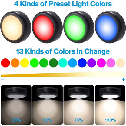 RGBW LED Puck Night Lights Remote Control Dimmable under Cabinet Light Battery Operated Wireless Push Lamp Kitchen Closet