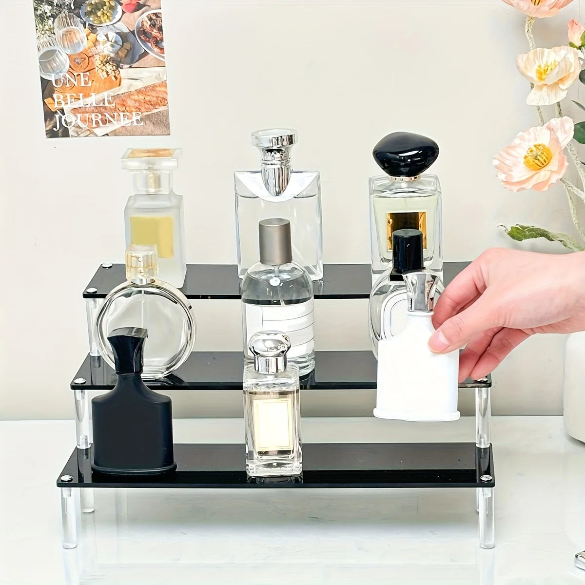 1Pc Multi-Functional Perfume Step Display Rack - Black/Transparent Acrylic Desktop Organizer for Cosmetics & Bracelets, Ideal Fo