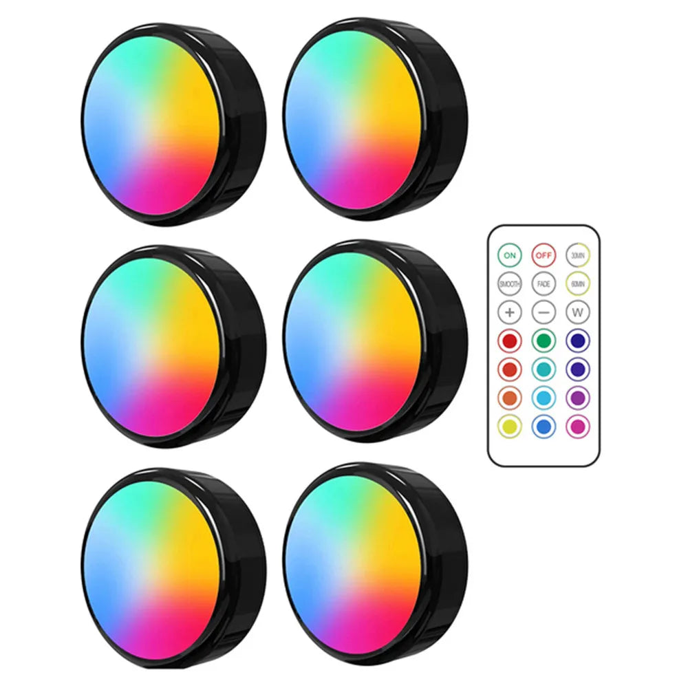RGBW LED Puck Night Lights Remote Control Dimmable under Cabinet Light Battery Operated Wireless Push Lamp Kitchen Closet