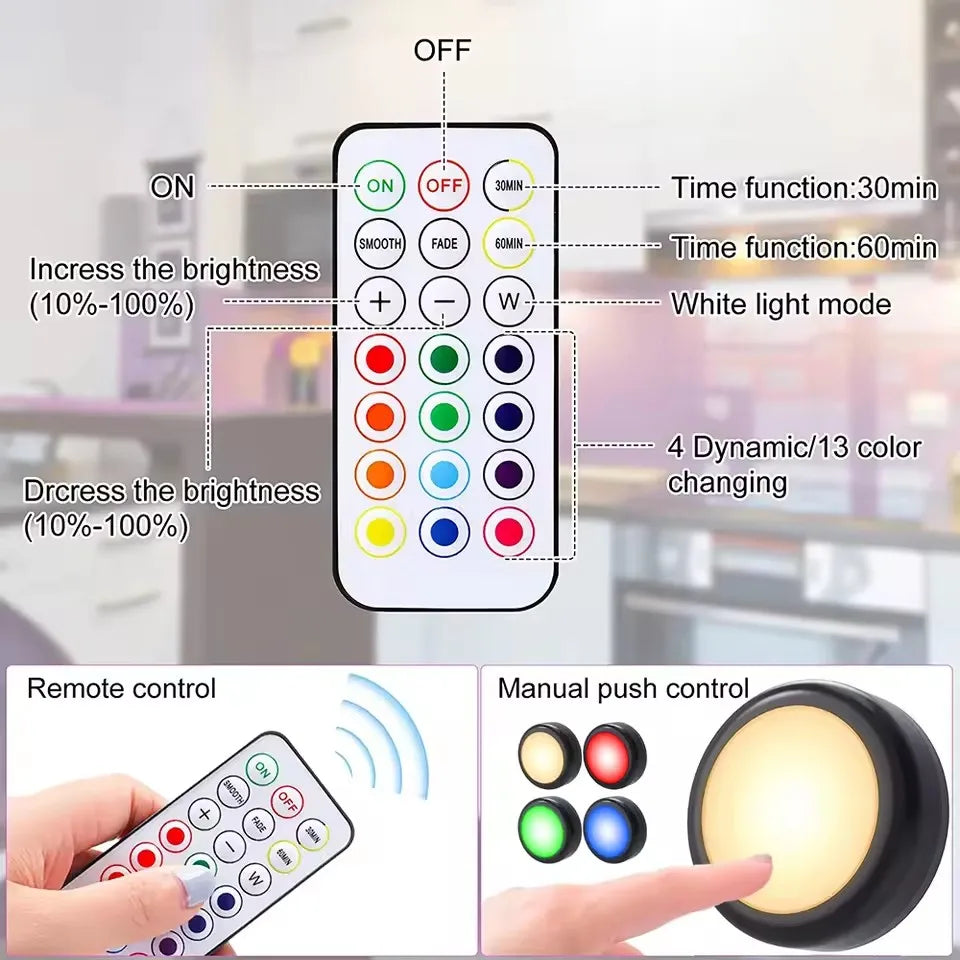 RGBW LED Puck Night Lights Remote Control Dimmable under Cabinet Light Battery Operated Wireless Push Lamp Kitchen Closet