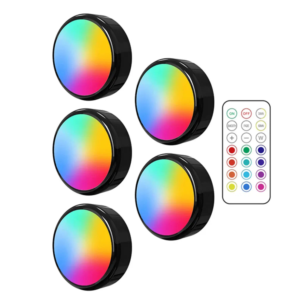 RGBW LED Puck Night Lights Remote Control Dimmable under Cabinet Light Battery Operated Wireless Push Lamp Kitchen Closet