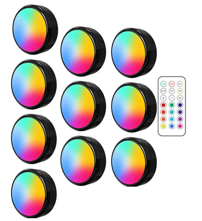 RGBW LED Puck Night Lights Remote Control Dimmable under Cabinet Light Battery Operated Wireless Push Lamp Kitchen Closet