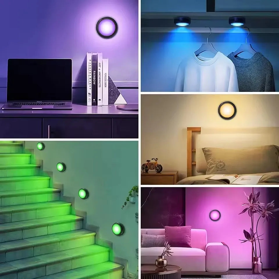 RGBW LED Puck Night Lights Remote Control Dimmable under Cabinet Light Battery Operated Wireless Push Lamp Kitchen Closet