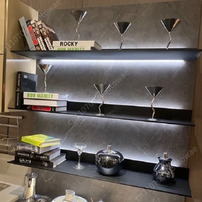 Custom Wall Shelves with LED Light, Modern Black Metal Display Shelves, Wall-Mounted Storage Shelves for the Living Room Bedroom