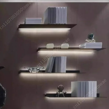 Custom Wall Shelves with LED Light, Modern Black Metal Display Shelves, Wall-Mounted Storage Shelves for the Living Room Bedroom