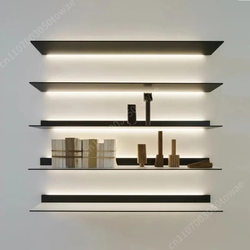 Custom Wall Shelves with LED Light, Modern Black Metal Display Shelves, Wall-Mounted Storage Shelves for the Living Room Bedroom