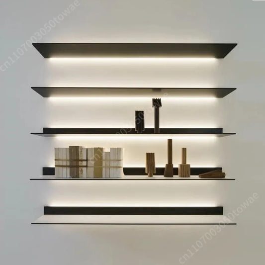 Custom Wall Shelves with LED Light, Modern Black Metal Display Shelves, Wall-Mounted Storage Shelves for the Living Room Bedroom